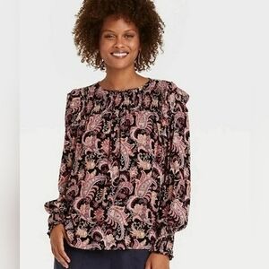 Knox Rose Pink and Black Paisley Smocked Ruffled Sleeve Blouse Sz M